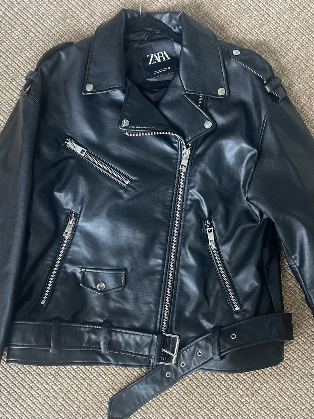 ZARA Black Faux Leather Moto Biker Jacket with Silver Hardware